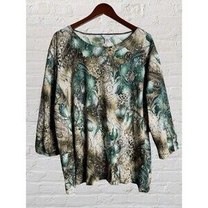 CJ Banks Paisley Sparkly Embroidered Floral Green Brown BoHo Size 3X